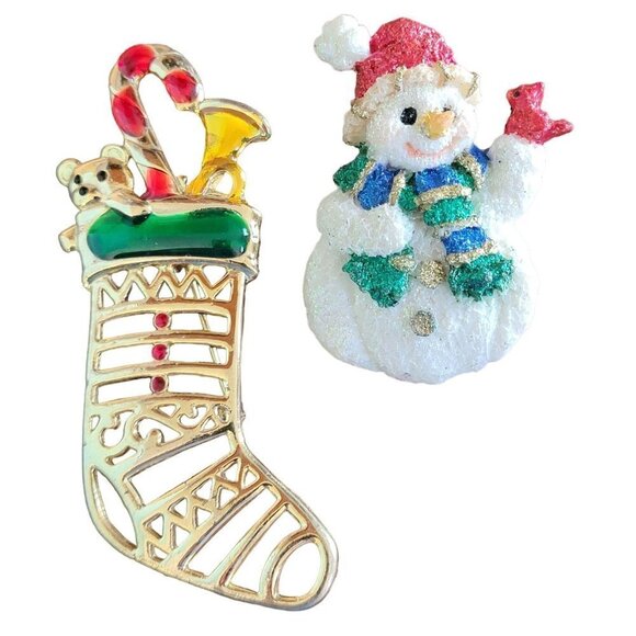 Vintage Christmas Snowman & Stocking Brooch Pin Lot Festive Jewelry Set of 2 - Picture 1 of 5